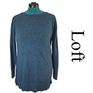 Loft Outlet Sweater Women L Teal Blue Cotton Blend Textured Sleeve Tunic Classic